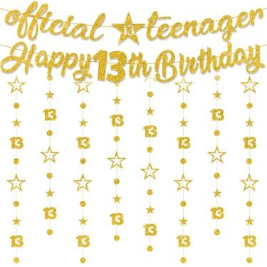 Imagem de Decorações de aniversário de 13 anos para meninos e meninas - 10 peças com glitter dourado oficial faixa de adolescente guirlanda cintilante pendurada para decoração de parede de festa de 13 anos
