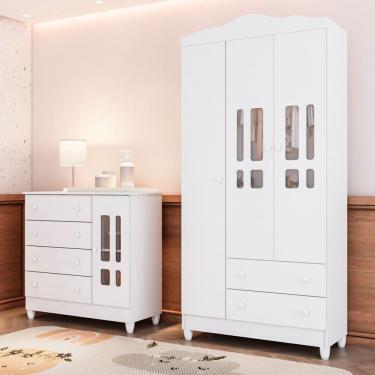Imagem de Quarto de Bebê Cômoda 1 Porta e Roupeiro 3 Portas Mdf Ariel Branco