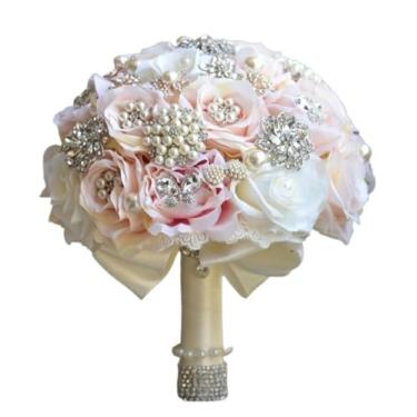 Imagem de Perfectlifeoh Buquê de noiva – Arranjo de flores rosas de seda artificial de pérola de cristal para noiva (champanhe leite branco)