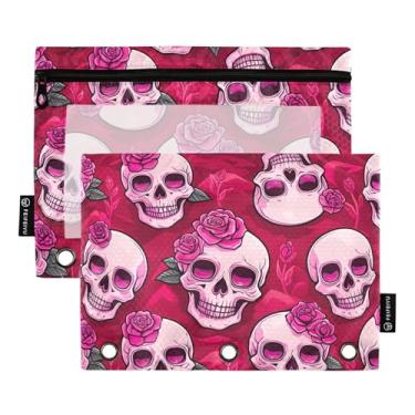 Imagem de GAIGEO Lindo fichário rosa com 3 anéis de caveiras rosas, estojo de lápis, fichário com zíper, bolsas para sala de aula, fichários escolares, bolsos transparentes, caneta, 25 x 18 cm, 2 pacotes
