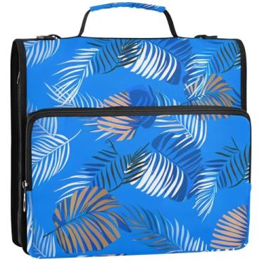 Imagem de Organizador de fichário com zíper, folhas tropicais, flores de 3,8 cm, 3 anéis, bolsa de fichário para ensino médio com alça de armazenamento, pasta de portfólio com alça, 34,5 x 31,5 x 9 cm