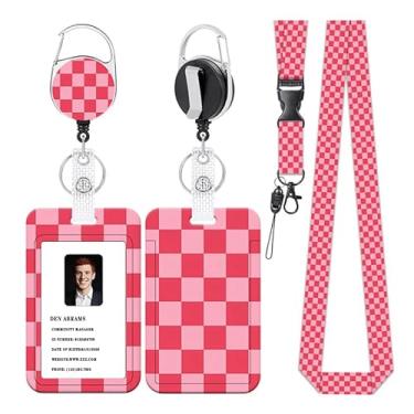 Imagem de Cordão xadrez vermelho rosa para crachás de identificação, suporte de crachá com clipe retrátil, etiqueta de nome de cartão de identificação, protetor vertical de cartão de identificação para mulheres