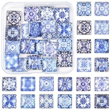 Imagem de MakemadeDIY 20 peças 15 mm quadrado mosaico azulejo vidro cabochão flor padrão de azulejo impresso cúpula cabochão para foto, pingente, brincos, colar, pulseira, chaveiro, anéis, joias, artesanato DIY