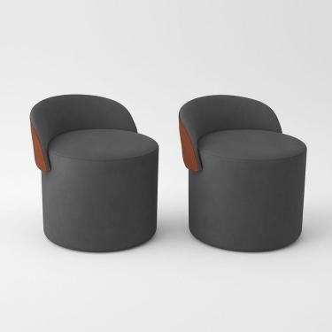 Imagem de Kit 2 Puff Redondo Curvo Orgânico Com Encosto Confortável Resistente Composé Suede Corino Suede Cinza Chumbo
