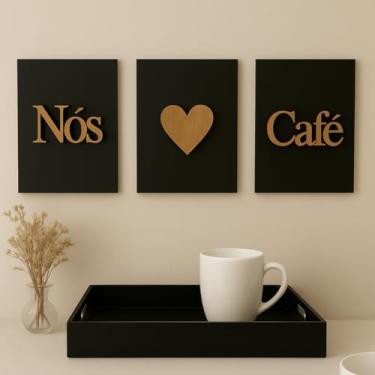 Imagem de Kit Cantinho do Café em MDF com Bandeja Organizadora e Quadros Decorativos, Preto e Madeira, 3 Peças