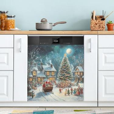 Imagem de SEHANY Linda capa magnética de Papai Noel para lava-louças, adesivos magnéticos decorativos antiarranhões para painel de geladeira e lava-louças, decoração de Natal de cozinha doméstica 58 x 66 cm