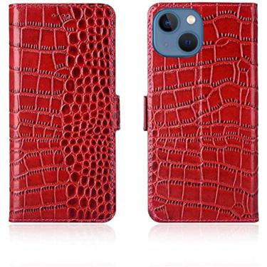 Imagem de KAPPDE Coldre de capa de telefone flip com padrão de crocodilo, capa de couro genuíno com suporte magnético [porta-cartão] para Apple iPhone 14 Plus 2022 (Cor: Vermelho)