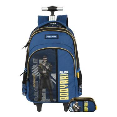 Imagem de kit Free Fire Mochila 2em1 Costas Rodas + Estojo Triplo Luxo, Azul