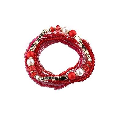 Imagem de Fuqimanman2020 Pulseiras elásticas empilháveis com contas de cristal Boho multicamadas fio Elestic imitação de pérola boêmia para mulheres meninas joias feitas à mão Boho - Vermelho B, cristal, pérola