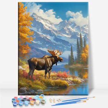 Imagem de HUINORYA Moose Alaska Tela Emoldurada DIY Kit de Pintura por Números Bar Café Caverna Casa Parede Banheiro Varanda Pátio Decoração Presente, 40,6 x 30,5 cm