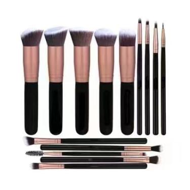 Imagem de Kit de 14 pincéis maquiagem para base líquida creme mistura pó sombra olhos blush cosméticos e corretivo com cerdas macias densas conjunto completo uso diário viagens cabelo pele amigável
