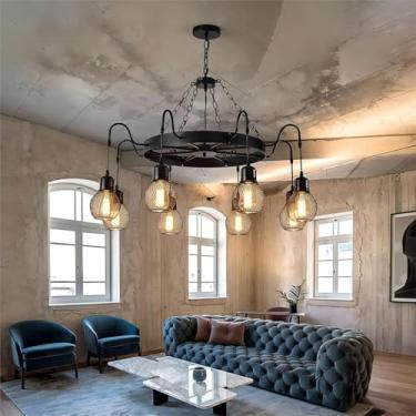Imagem de Lustre retrô para sala de jantar E27, luminária pendente grande em formato de roda de carroça com 8 lâmpadas, estilo fazenda, em ferro, com design antigo e redondo, ideal para tetos rústicos