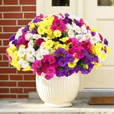 Imagem de CEWOR 24 pacotes de flores artificiais para ambientes externos, glória matinal de seda falsa com folhas de eucalipto, flores artificiais para jardim, porta da frente, varanda, pátio, decoração de casa