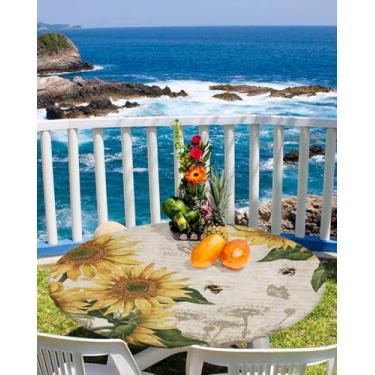 Imagem de Toalha de mesa redonda com girassol amarelo de verão, capa de mesa traseira de jornal retrô com borda elástica à prova d'água, capa de mesa redonda de abelha floral para cozinha, ambientes internos e