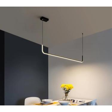 Imagem de Luminária pendente LED de design linear, com intensidade ajustável, controle remoto, ideal para sala de jantar, cozinha, ilha ou sala de estar, com altura regulável (preto, 90 cm).