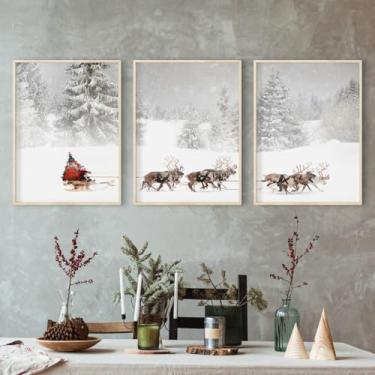Imagem de Pintura em tela 3 peças impressões de Papai Noel e trenó arte de parede modular de rena de inverno imagens emolduradas para sala de estar decoração de quarto de Natal com moldura interna de madeira