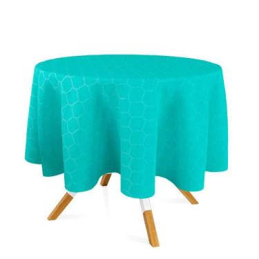 Imagem de Toalha de Mesa Redonda em Tecido Jacquard Azul Turquesa Geométrico Tra
