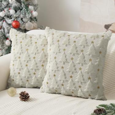 Imagem de Allorry Capas de almofada de Natal 45,72 x 45,72 cm conjunto de 2 capas de almofada de árvore de Natal branco creme decorações pelúcia pele sintética capa de almofada macia para inverno, Natal,