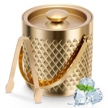 Imagem de Balde de gelo isolado a vácuo de parede dupla 2L com tampa, baldes de gelo champanhe de aço inoxidável, mantenha o gelo congelado por mais tempo para bar em casa, pub, churrasco e piquenique (ouro)