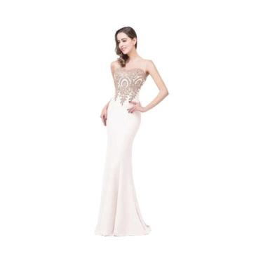 Imagem de Vestido De Festa Sereia Dourado Com Renda, Decote Coração E Apliques P