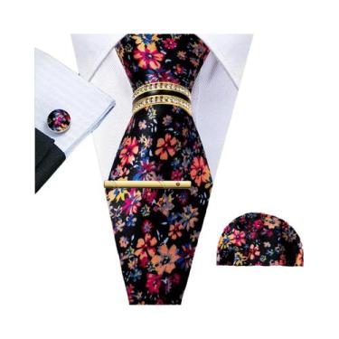 Imagem de Conjunto De Gravata Masculina Verde Teal Violeta Roxo Floral Jacquard 