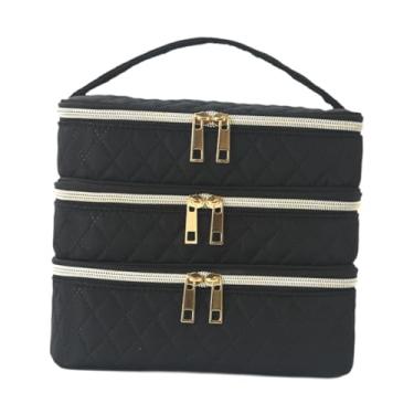 Imagem de harayaa Nécessaire de viagem feminina para maquiagem, estojo organizador de cosméticos com três camadas, ideal para escritório, academia e casa, Preto