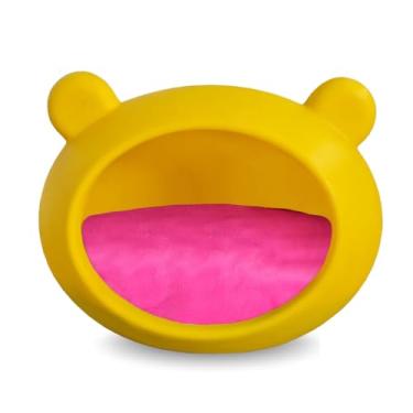 Imagem de Casa Cama Toca Iglu Pet em Polietileno para Gatos e Cachorros Mini | Impermeável, Lavável, com Almofada de Pelúcia(Amarelo Almofada Rosa)