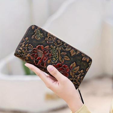 Imagem de Carteira clutch feminina vintage estampa de flores estilo longo carteira grande capacidade bolsa de armazenamento com zíper presente uso diário, Marrom escuro