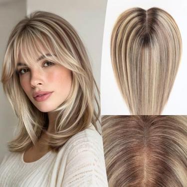 Imagem de EMMOR Topper de cabelo humano de 35,5 cm para mulheres - 12,7 cm × 15,2 cm base de renda suíça com 3 clipes antiderrapantes, 100% de cabelo real para queda de cabelo e franja lisa com aparência