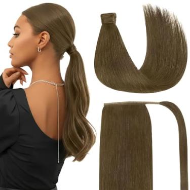 Imagem de Ve Sunny Extensões de cabelo rabo de cavalo cabelo humano real envoltório clipe em rabo de cavalo extensões de cabelo humano liso para mulheres castanho claro acinzentado 45,7 cm 80G