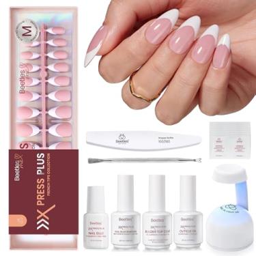 Imagem de Beetles X Press Plus Kit de unhas de gel - Francês pêssego | Unhas de ponta francesa de amêndoa média rosa | 210 peças, kit tudo-em-um de 15 tamanhos com cola de unha, removedor, revestimento superior