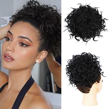 Imagem de Lommel Pedaço de cabelo bagunçado, cabelo cacheado ondulado solto pedaço de cabelo elástico cordão desarrumado coque curto cacheado rabo de cavalo extensões sintéticas para mulheres uso diário (preto