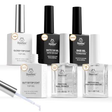 Imagem de Beetles Conjunto de 6 peças de gel brilhante e fosco de 15 ml com desidratador de unhas de proteína e primer para desidratação sem ácido e sem hema para presentes de esmalte de acrílico e gel