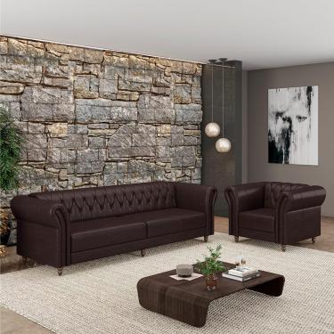 Imagem de Conjunto Sala de Estar 1 Sofá Living 260cm e 1 Poltrona Stanford Chesterfield Pés Madeira Couro Wine Vinho G58 - Gran Belo