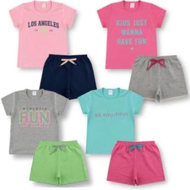 Imagem de 4 Conjuntos Verão Básico Infantil Juvenil Feminino Blusinha Shorts Algodão + Cotton Roupa Menina-Feminino