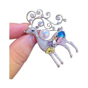 Imagem de broche de veado de Natal colorido diamante alce zircão animal pino joi