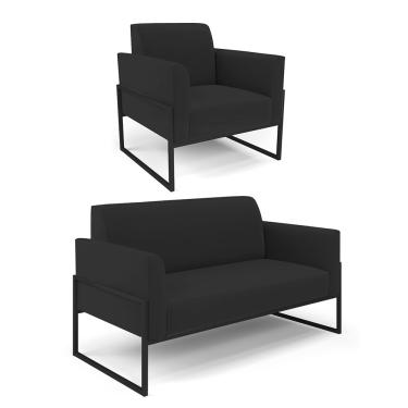 Imagem de Sofá Namoradeira com Poltrona Base Industrial Alta Preto Marisa Veludo Preto D03 - D'Rossi