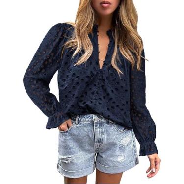 Imagem de Blusa PRETTYGARDEN Azul Marinho com Renda e Manga Bufante Tamanho L