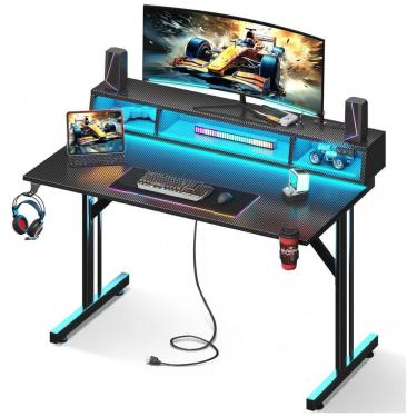 Imagem de Mesa Gamer MOTPK 102 cm Preto com Suporte Monitor Flutuante LED, Tomadas USB e Estrutura em T, Textura Fibra Carbono Compacta