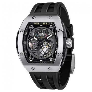 Imagem de Relógio Automático Mecânico TSAR BOMBA Preto Mostrador Esqueleto Grande Ponteiro Luminoso Cristal Safira Sintética Correa FKM TB8210SIBLA ?