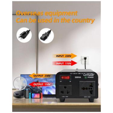 Imagem de Transformador Conversor de Voltagem LVYUAN 500W Preto Step Up/Down 110-120V/220-240V com Tomada US e Universal VTUS-500 120V