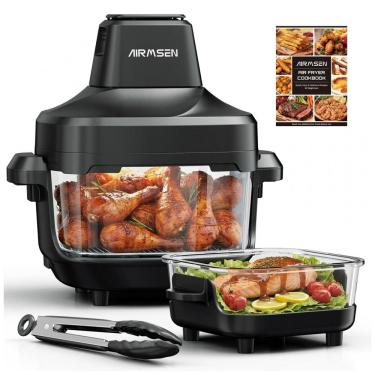 Imagem de Fritadeira Elétrica Air Fryer Vidro AIRMSEN preta 4,5L + 1,2L Sem Revestimento Controles Manuais 1500W 110V