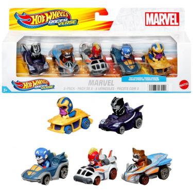 Imagem de Conjunto 5 Carros Racer Verse Otimizados para Desempenho em Pista Hot Wheels com Personagens Populares da Marvel, Hot Wheels