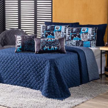 Imagem de Kit Cobre Leito Colcha Casal Best Player Azul Marinho Com Almofadas Estampadas 07 Peças...