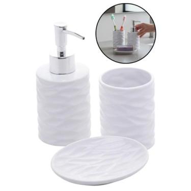 Imagem de Kit Banheiro Lavabo Dispenser Saboneteira Pote Cerâmica 3pçs Branco - 
