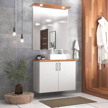 Imagem de Gabinete Para Banheiro Com Cuba E Espelho Com Led 80cm Mdf Freijo Com Branco Paris - On Móveis