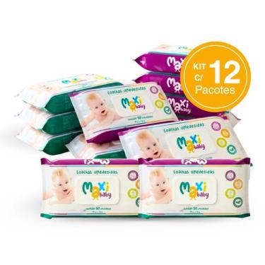 Imagem de Kit com 12 Toalhas Lenços Umedecidos Hipoalergênico 50un Cada Maxi Bab