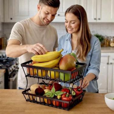 Imagem de Fruteira Metálica 2 Andares Preta Organizador Bancada Cozinha Frutas L