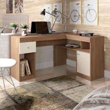 Imagem de Escrivaninha Mesa Computador de Canto em l Suzan Moderno 1 Gaveta MDF 137cm Bege Amarel...