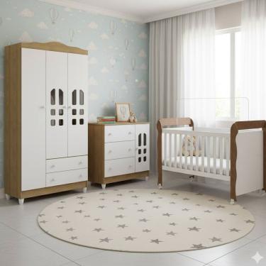 Imagem de Quarto de Bebê Completo Mirelle Eloa em MDF Branco e Bétula com Berço Mini Cama Cômoda e Guarda Roupa Carolina Baby